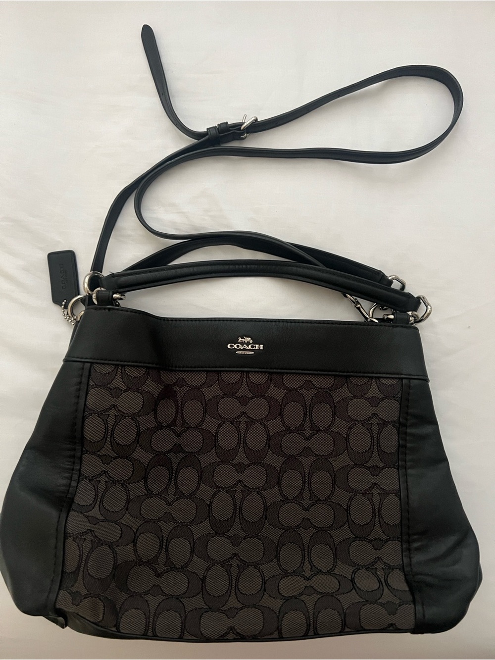 Coach Black Signature Jacquard and Leather Tote with Shoulder Strap